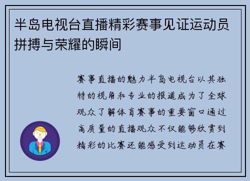 半岛电视台直播精彩赛事见证运动员拼搏与荣耀的瞬间