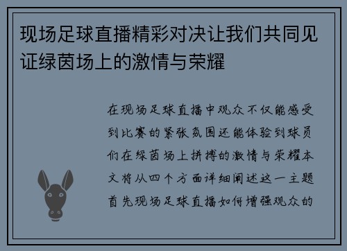 现场足球直播精彩对决让我们共同见证绿茵场上的激情与荣耀